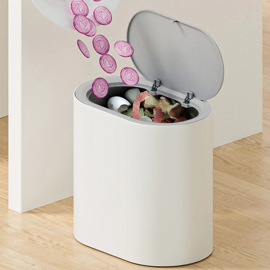 Press Top Trash Can with Lid, Slim Waste Basket for Bathroom Kitchen, Compact Office Living Room Garbage Bin