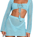 Women 2 Pieces Beachwear Outfits Square Neck Long Sleeve Tie-Up Front Knitted Cover-Ups and Sarongs Mini Skirts Set