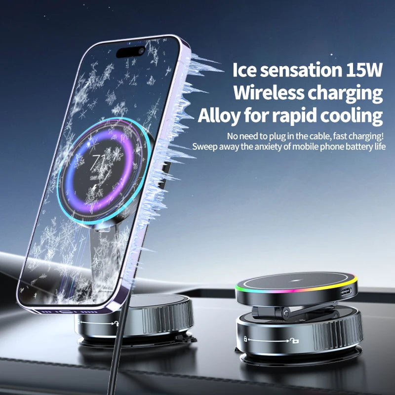 15W Vacuum Suction Magnetic Wireless Charger Car Phone Holder Mount 360 degree Rotatable Compatible with Smartphones for iPhone