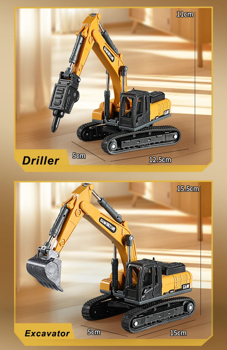 1:70 9 Styles Mini Yellow Alloy Forklift Driller Road Roller Engineering Diecast Construction Vehicle Inertia Toys for Boys Gift