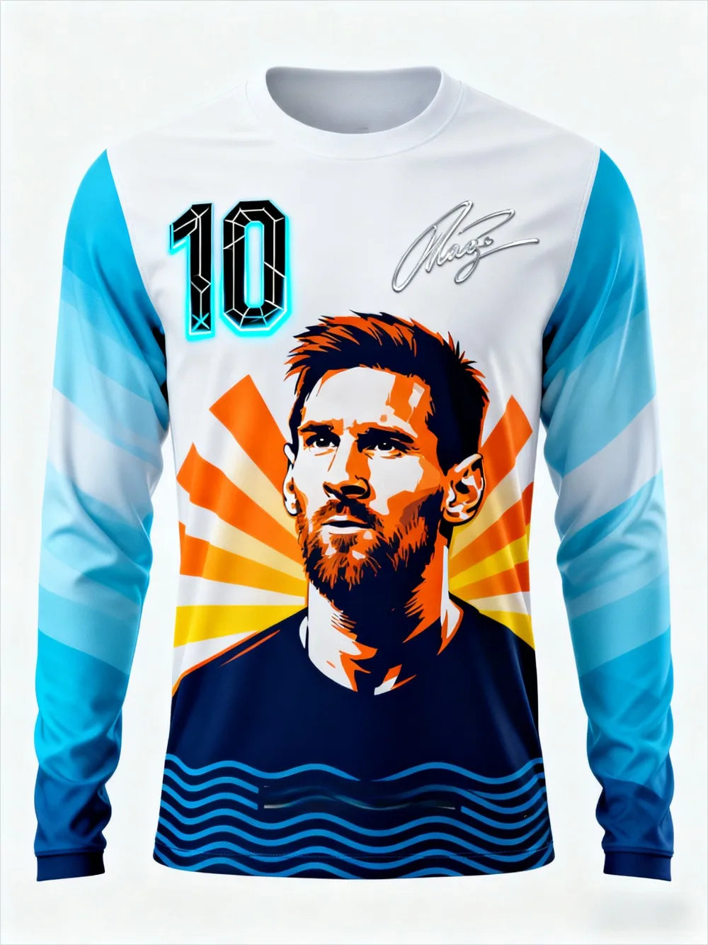 Messi Football Long Sleeved T-shirt Fan Jersey Unique Design Color Blocked Legendary Champion Player  Loose Casual