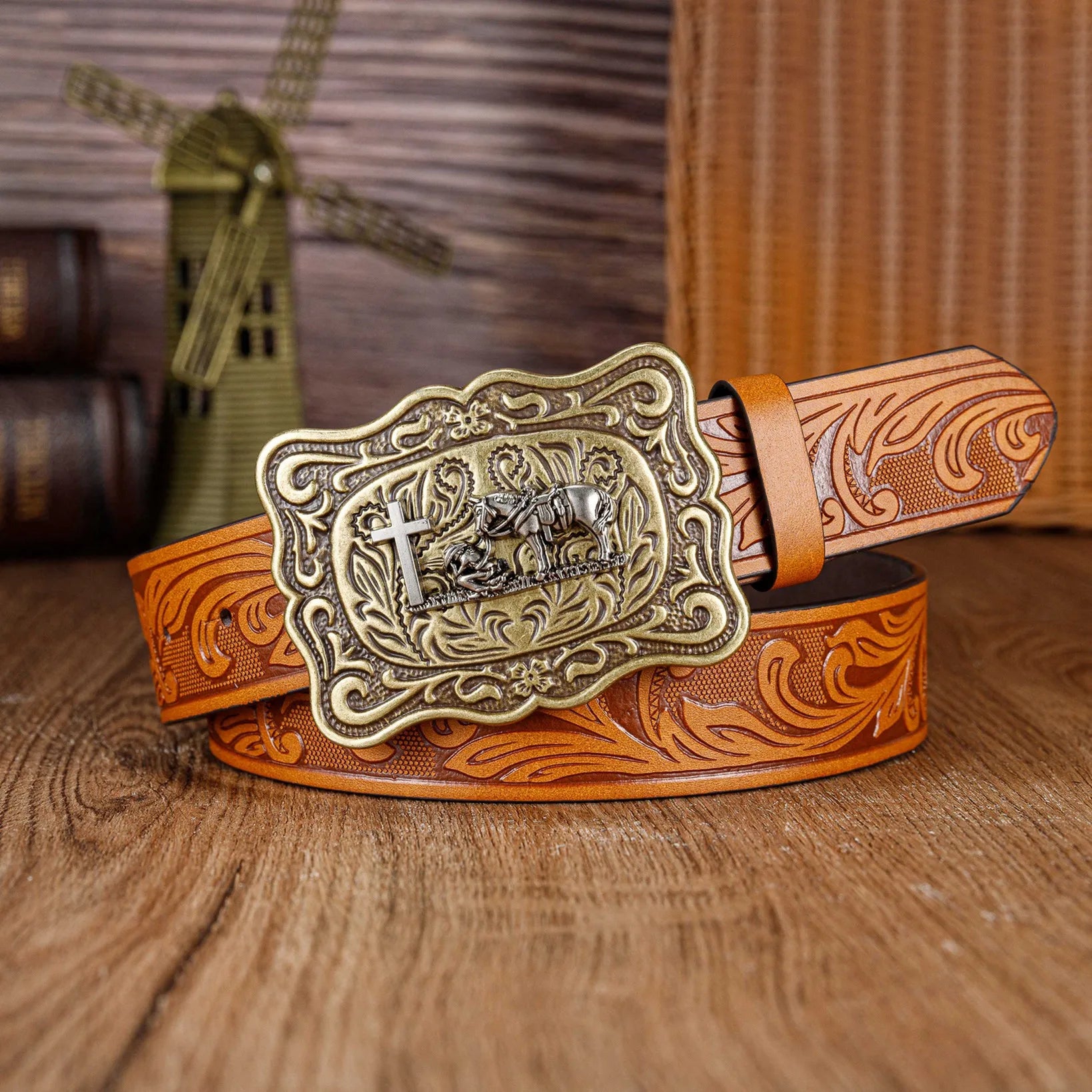 Wrangler men's belt, retro embossed personalized belt, Western denim large buckle punk style belt
