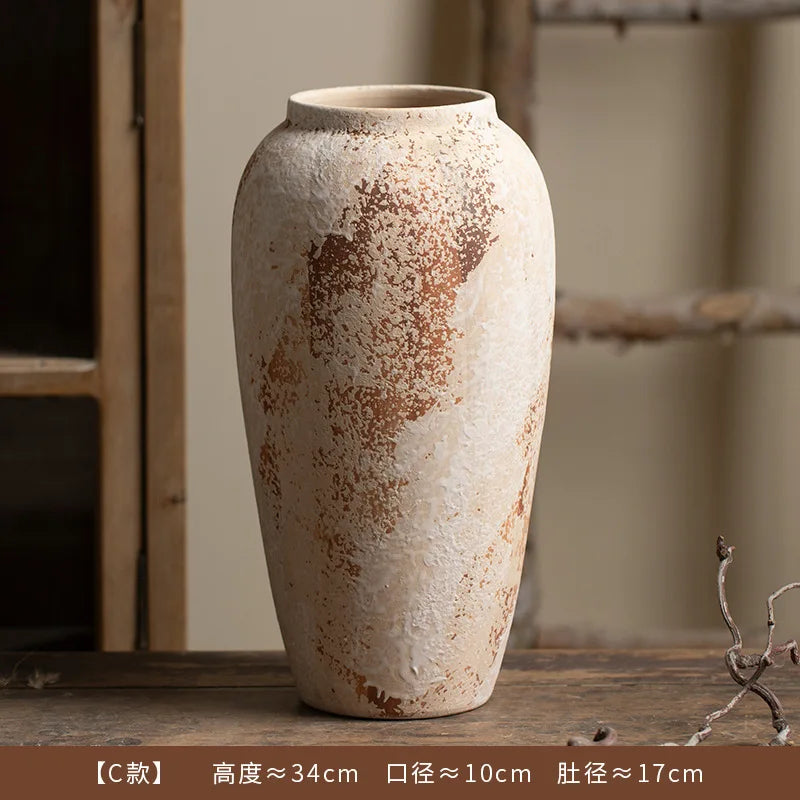 Ceramic Vase Mottled Antique Pottery Jar Wabi Sabi Style Decoration Foyer TV Cabinet Flower Arrangement Ceramic Large Vase Decor
