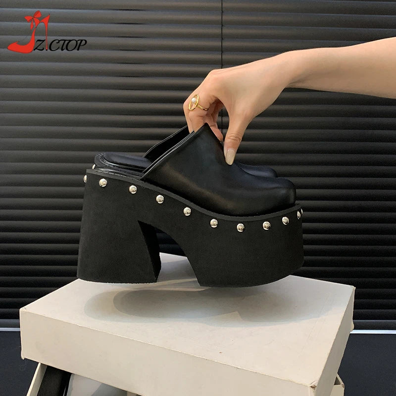 Women's Platform Sandals Black Gothic Closed Toe Chunky High Heels Slippers Rivet Slip On Y2k Punk Shoes Women Summer Size 41 42