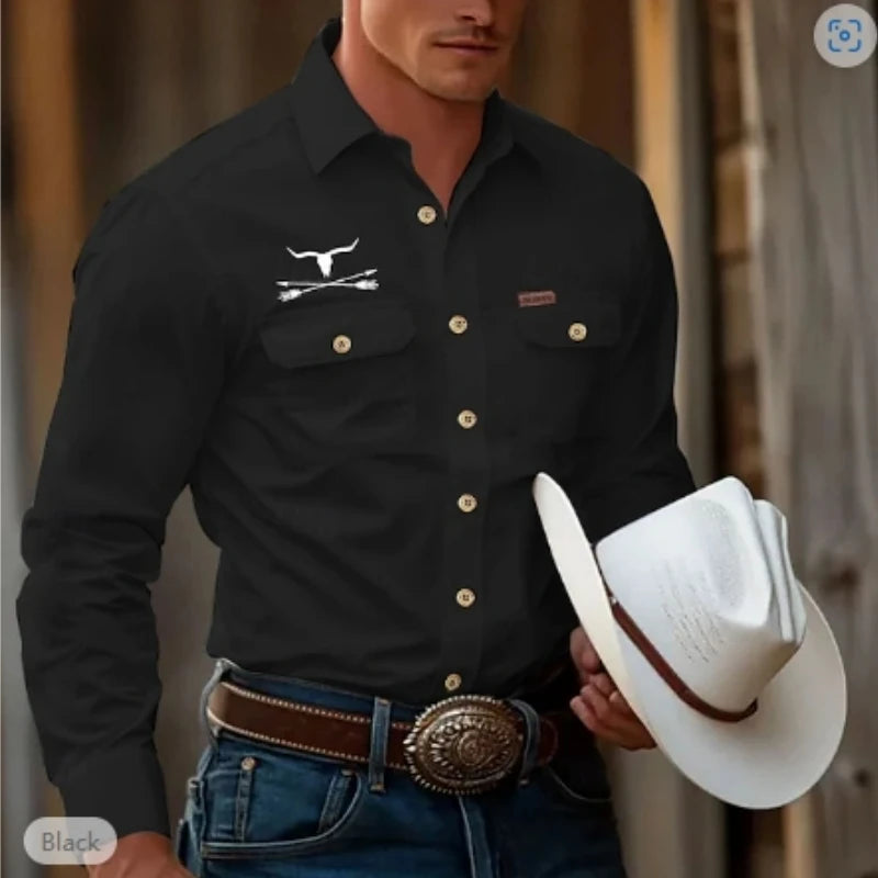 Spring and Autumn Men's Shirts Long-sleeve Lapel Double Pocket Single-breasted Shirt Western Denim Style Black Cow Head Printed