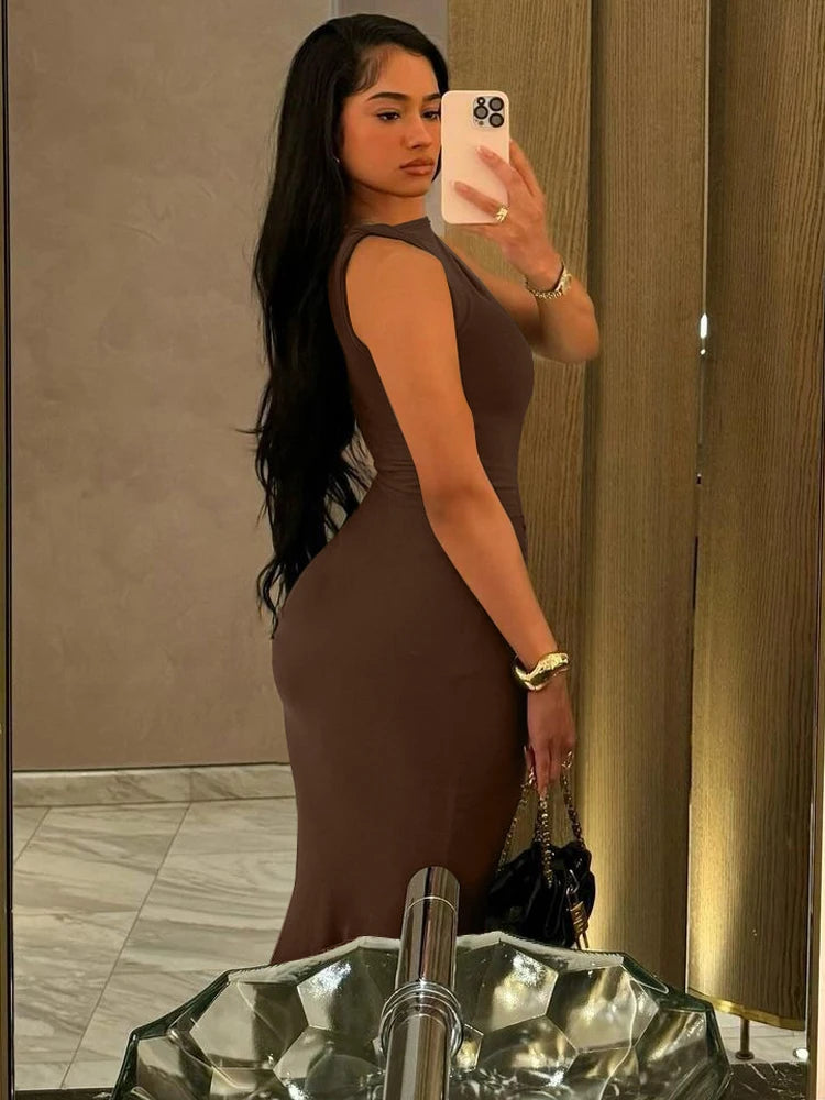 Dulzura Elegant Long Dress Ruched Bodycon Sleeveless Solid Dresses Lady Cocktail Party Wedding Guest Formal Women Clothes 2024