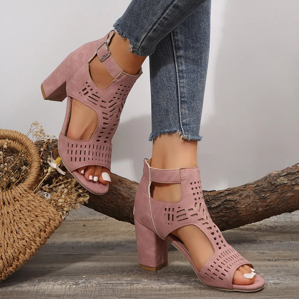 Women Fashion Strap Sexy High Heel Sandals Woman Roman Hollow Pumps Lace-up Peep Toe Sandals Casual Chunky High-heeled Sandals