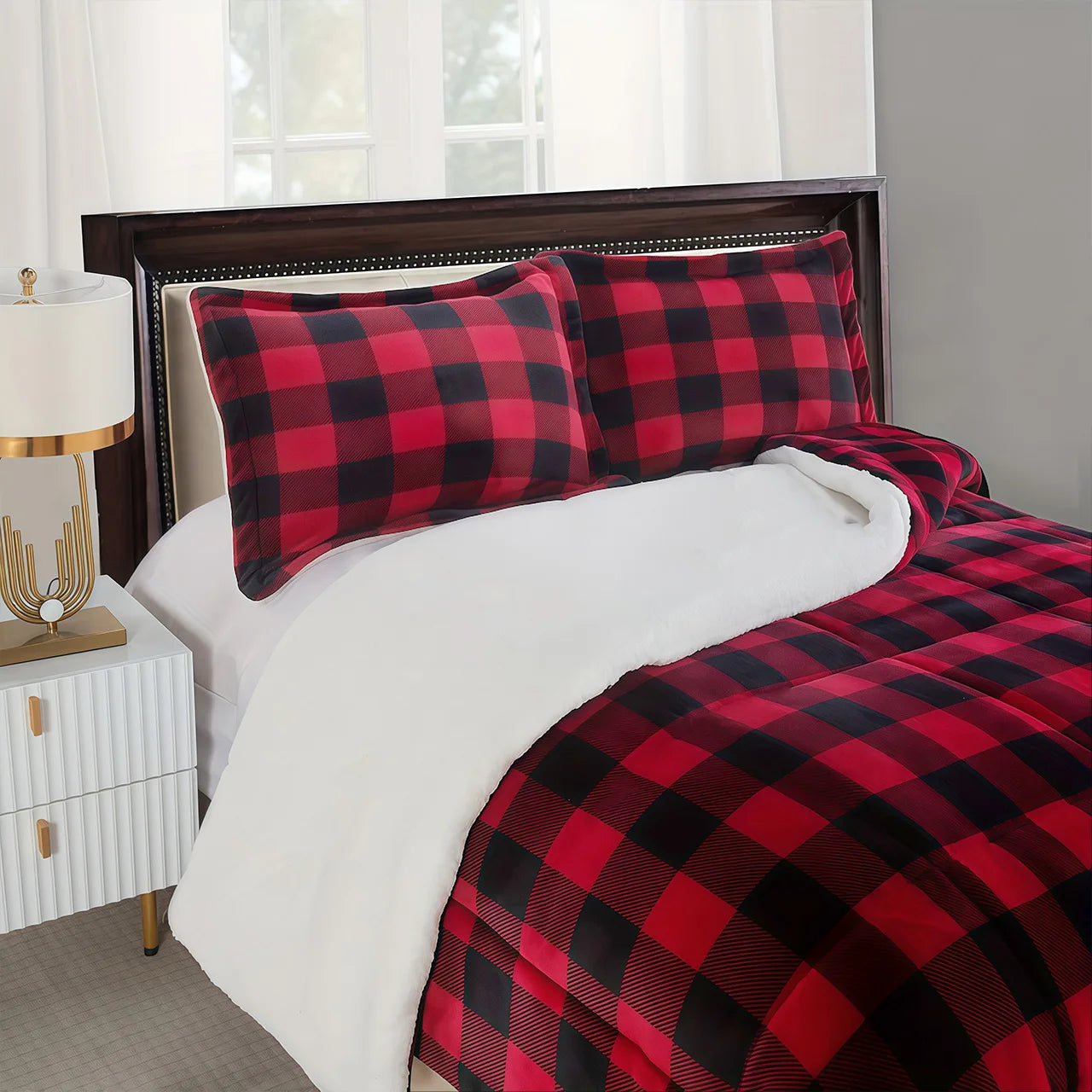 1pc Cozy Sherpa Luxury Shearling-Style Buffalo Plaid Throw Blanket - Ultra-Soft Reversible Faux Fur Fleece, Black & Red Tartan