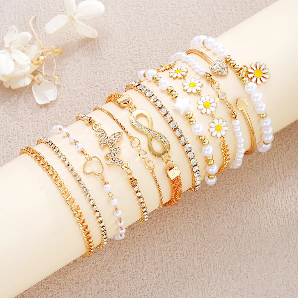 12PCS Boho Infinity Symbol Daisy Flower Bracelets for Women Retro Gold Color Heart Butterfly Crystal Bracelets Set Party Jewelry