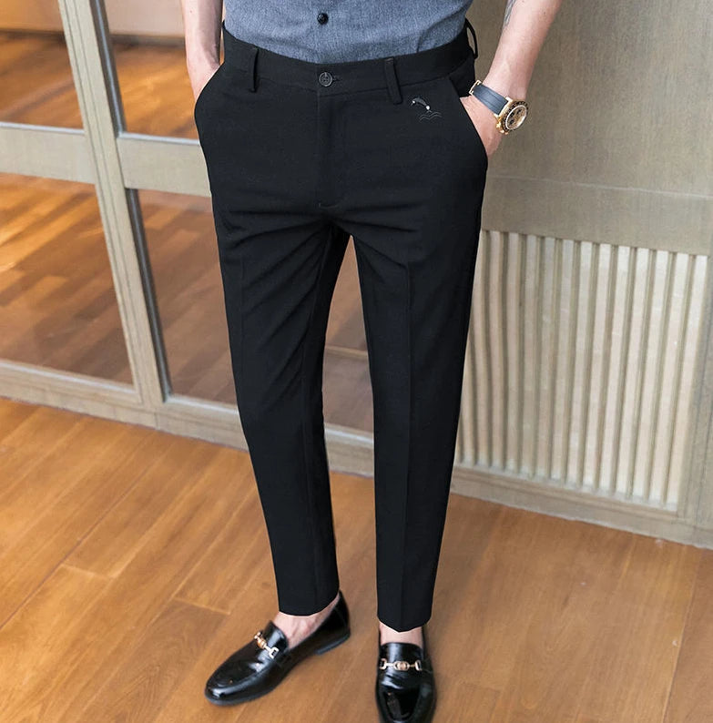 Trousers for Men Cropped Slim Fit Formal Work Casual Pants Man Dress Tailoring Baggy Polyester Slacks Korean Style Cotton Sale
