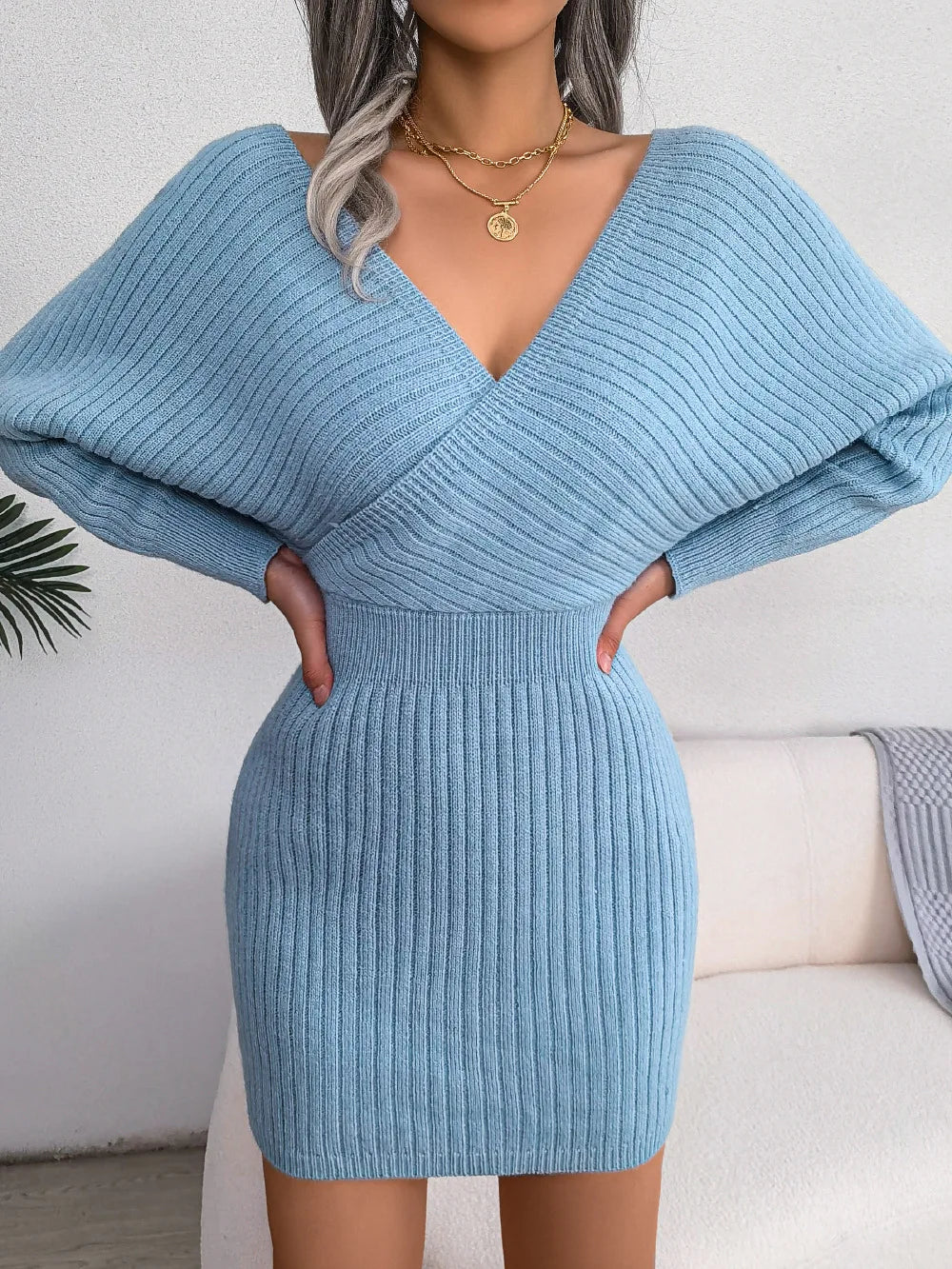 Women's V Neck Waist Tie Sweater Dress - Bodycon Long Sleeve Solid Knit for Fall Winter Holiday Party