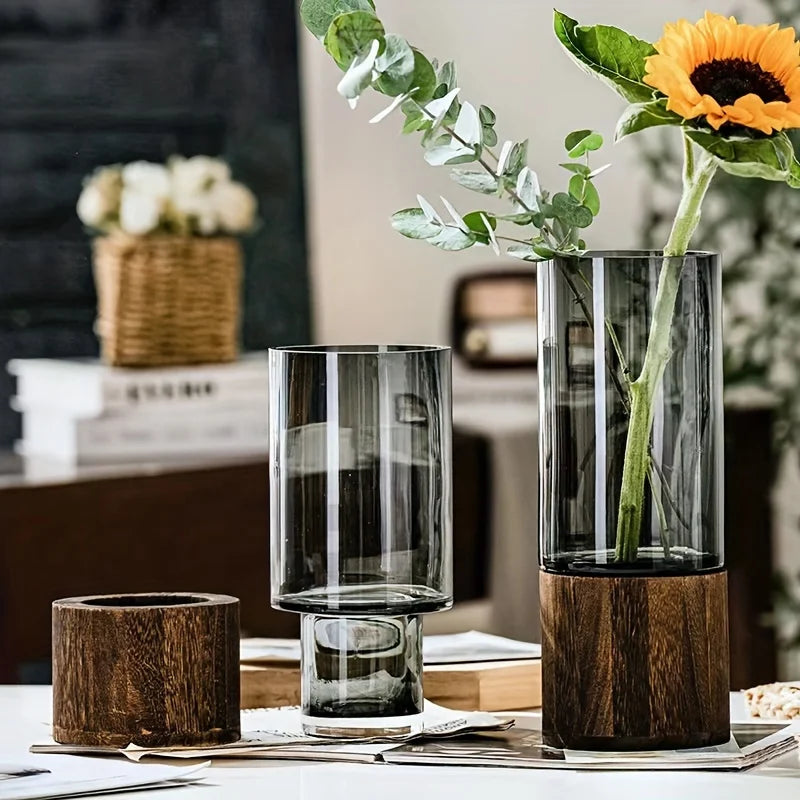 Elegant Glass Vase with Wooden Base for Hydroponic Plants