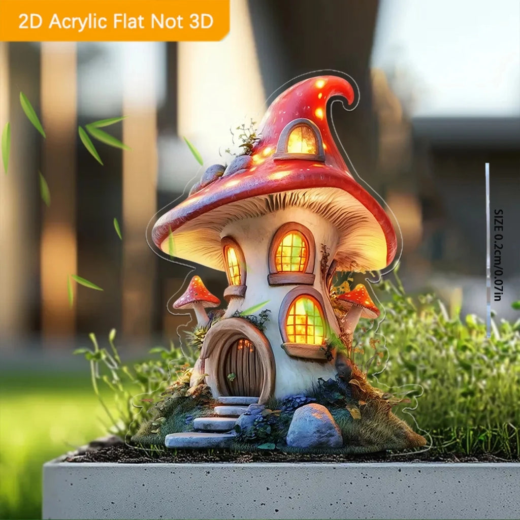 Bohemian Style 2D Fairy Tale Treehouse Cartoon Mushroom House Acrylic Bonsai Garden Decoration Waterproof Outdoor Lawn Art