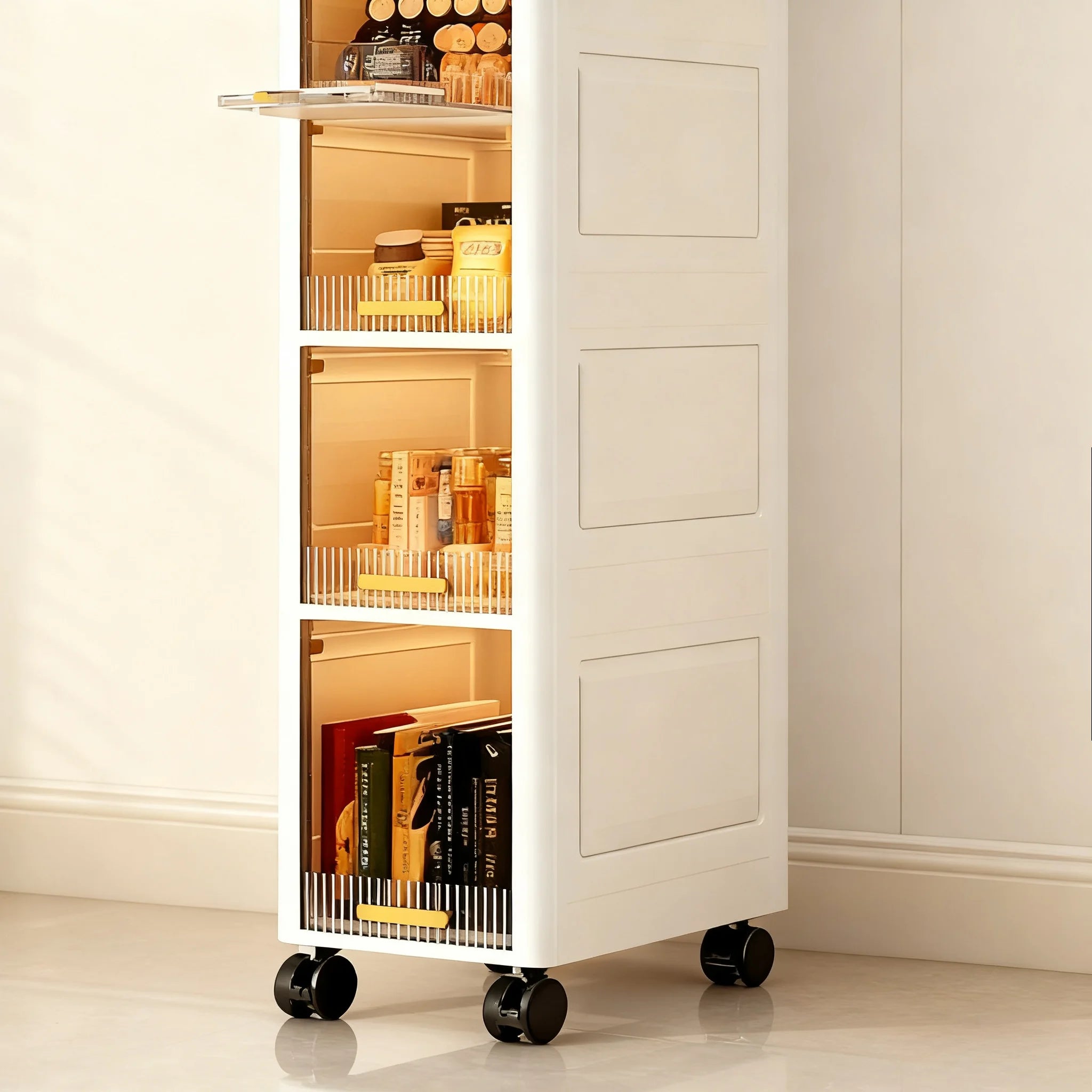 Swivel Wheel Mobile Kitchen Storage Rack - Waterproof & Dustproof, Space-saving Shelf Cabinet for Spices/Books/Toys/Snacks