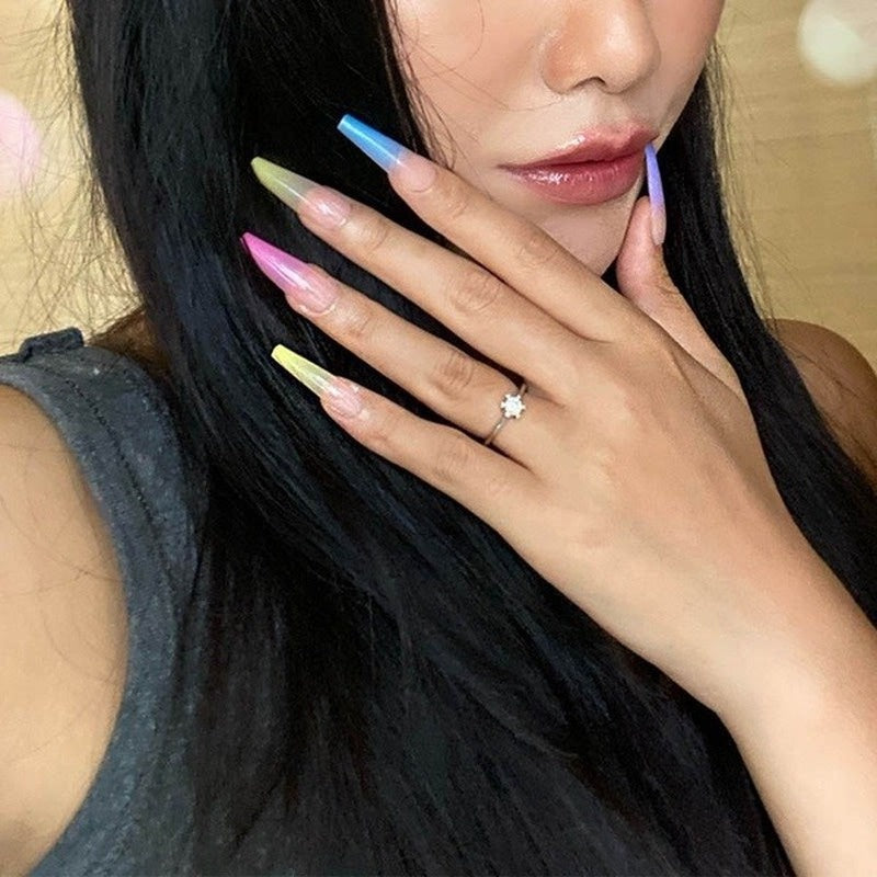 24pcs/bag Long Coffin Fake Nails Rainbow Ballerina Full Cover Nail Art Tips Beauty Artificial False Nails Manicure Charms