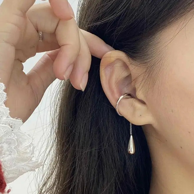 C-shaped Stainless Steel Teardrop Tassel Ear Cuff Clip Earrings for Women 1piece, No Piercings, Ear Cartilage Clips