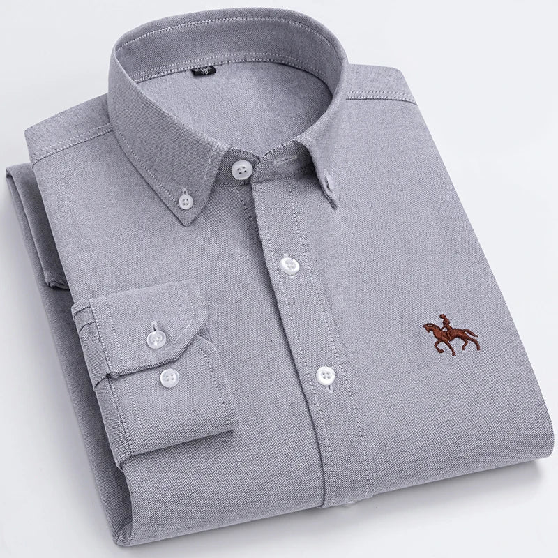 Basic Oxford Dress Shirt For Men Long Sleeve 100% Pure Cotton Solid  Casual Plaid Striped Social Business Male Regular-Fit S-6XL