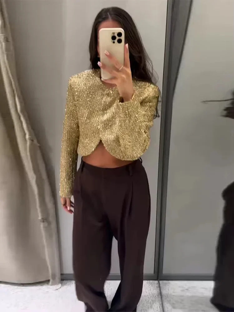 Tweed Style Metallic Thread Jacket Gold Cropped Length Chic Elegant Long Sleeve 2025 Autumn Women Outerwear Fashion Party Jacket