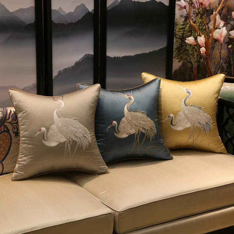 Chinese Style Crane Hugging Pillowcase Living Room Sofa Decoration Embroidered Cushion Cover Home Decor Luxury Pillow Covers