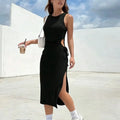 Design Sense Dew Waist Lace Slim Sexy Side Slit Bag Hip Dress Summer Round Neck Sleeveless Vest Dress Female