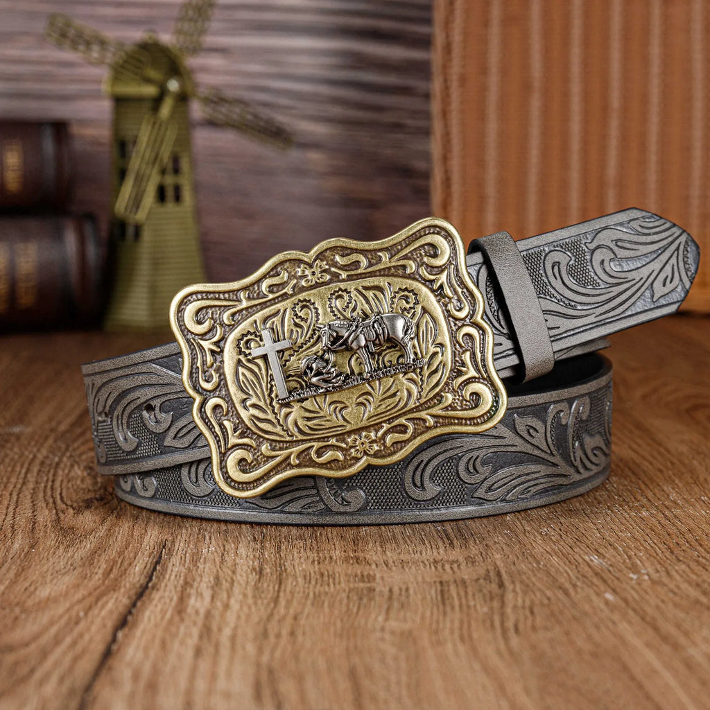 Wrangler men's belt, retro embossed personalized belt, Western denim large buckle punk style belt