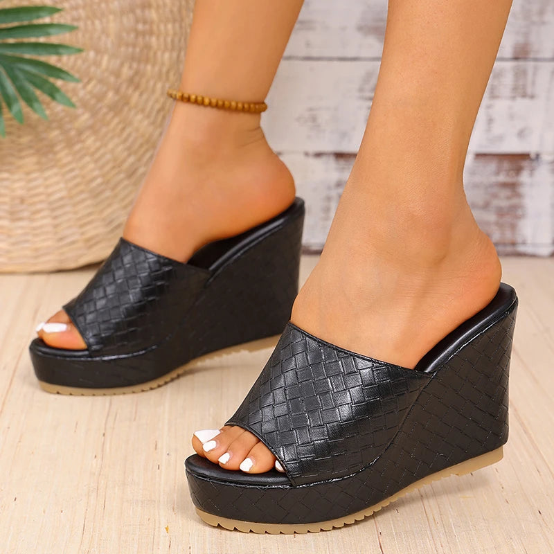 Chunky Platform Wedges Sandals Women Sexy Peep Toe Black Pu Leather Weave Slides Woman Super High Heel Anti Slip Sandalias Mujer