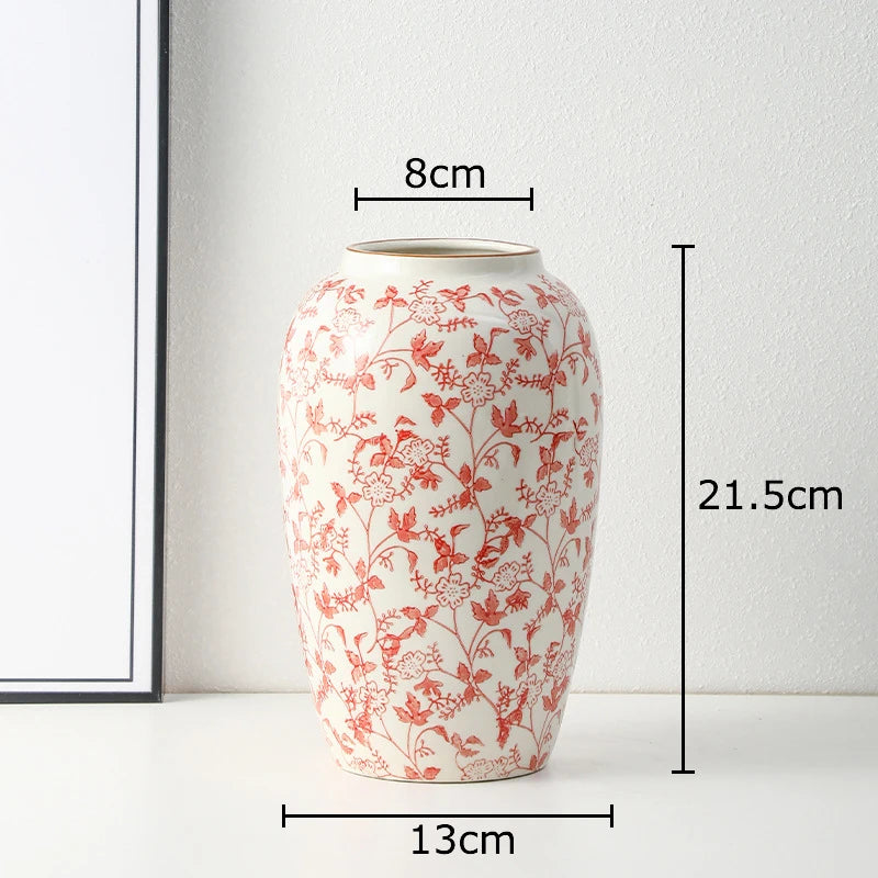 Red and White Porcelain Vase Elegant Classical Flowers Pot