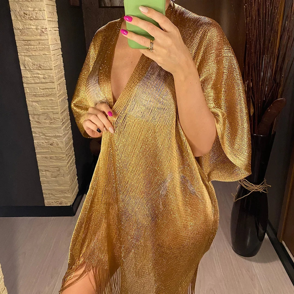 Solid Bikini Cover Up Tassel Beach Dress Tunics Swimsuit Bathing Suit Women Shining Cover Ups for Swimwear Women Pareo Plage