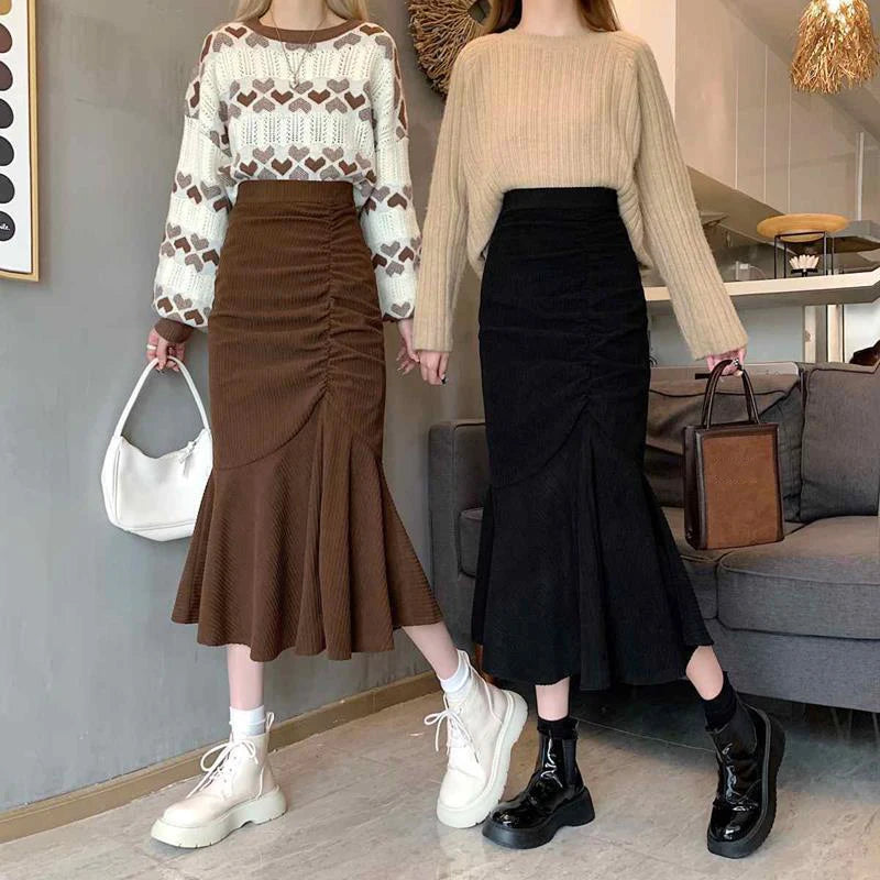 Fashion High Waist Midi Skirts for Women 2023 Spring Slim Fit  Hip Mermaid Skirt Woman Korean Ruffles Brown Skirts 2XL