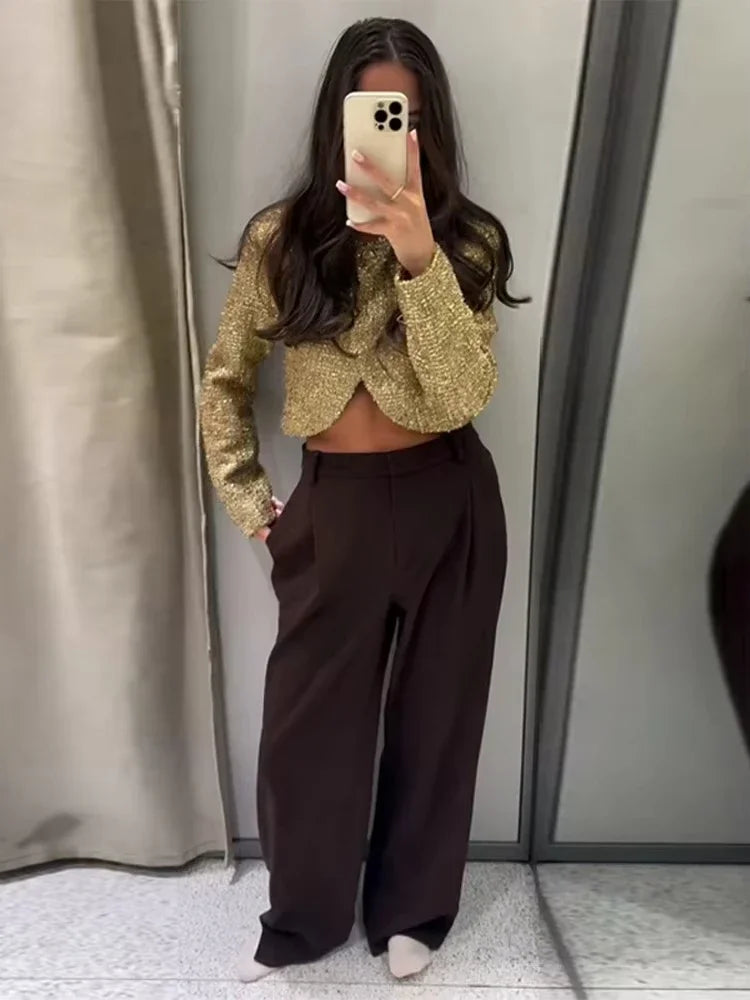 Tweed Style Metallic Thread Jacket Gold Cropped Length Chic Elegant Long Sleeve 2025 Autumn Women Outerwear Fashion Party Jacket