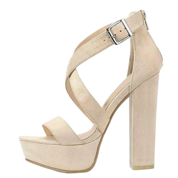 Women Sandals Open Toe Thick High Heels Chunky Cross Strap Buckle Platform Pumps Dress Party Wedding Shoes