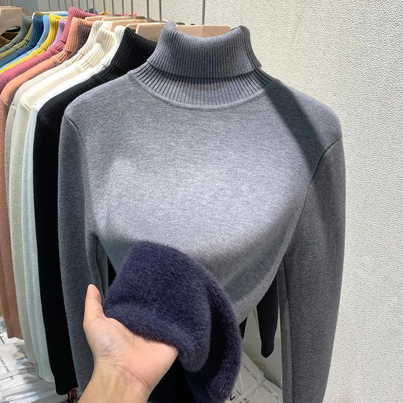Women's Turtleneck Sweater Winter Long Sleeve with Velvet Lining Warm Knitting Pullover Woman Solid Thickened Bottoming Jumpers