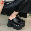 Women's Platform Sandals Black Gothic Closed Toe Chunky High Heels Slippers Rivet Slip On Y2k Punk Shoes Women Summer Size 41 42