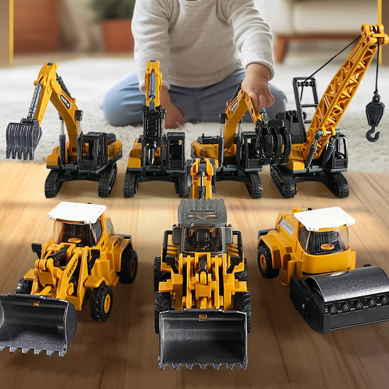 1:70 9 Styles Mini Yellow Alloy Forklift Driller Road Roller Engineering Diecast Construction Vehicle Inertia Toys for Boys Gift
