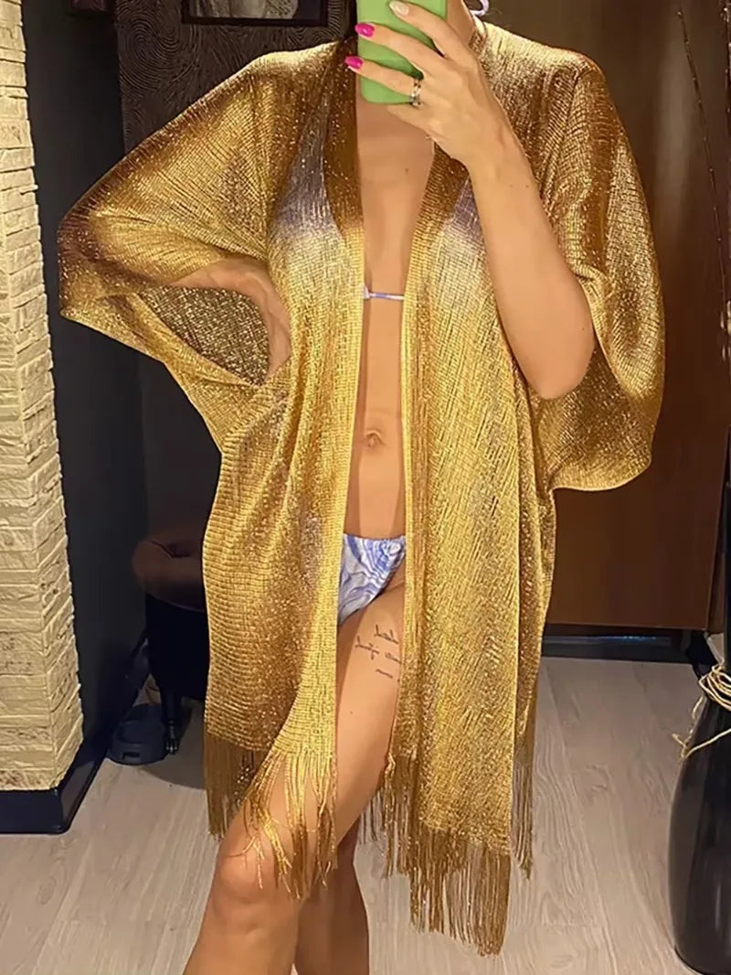 Swimsuit Cover-ups  Fashion Tassel Gold Bikini Beach Cover Up Sexy Beach Dress Tunics for Women Summer Wear See Through