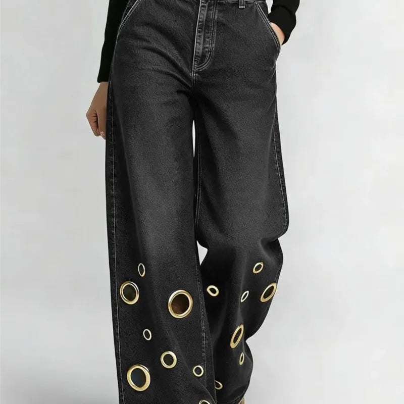 Women's High Waist Wide Leg Jeans with Gold Eyelets