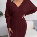 Women's V Neck Waist Tie Sweater Dress - Bodycon Long Sleeve Solid Knit for Fall Winter Holiday Party