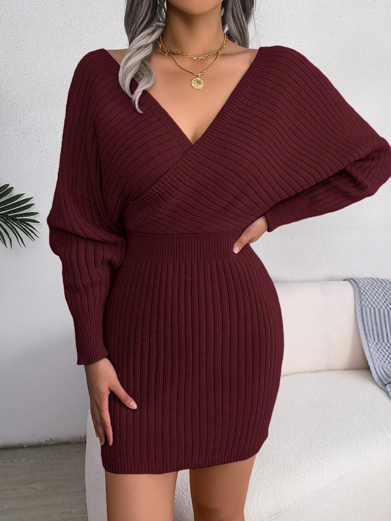 Women's V Neck Waist Tie Sweater Dress - Bodycon Long Sleeve Solid Knit for Fall Winter Holiday Party