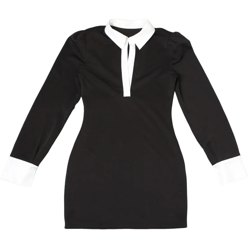 2025 Autumn Color Patchwork Mini Dress Women Fashion Turn Down Collar Long Sleeve Slim Bodycon Streetwear Office Lady Outfits