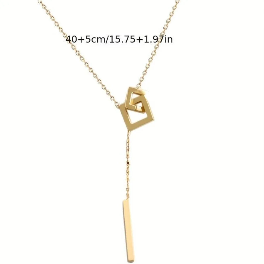 Simple Style Square Shape Buckle Long Pendant Clavicle Chain Necklace 18K Gold Plated Golden Color Neck Jewelry For Women