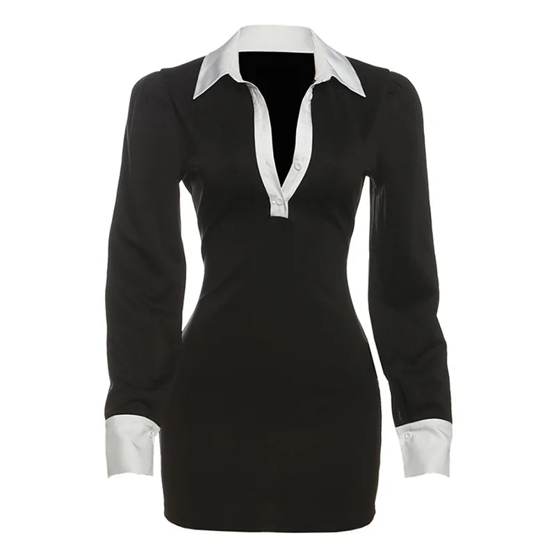 2025 Autumn Color Patchwork Mini Dress Women Fashion Turn Down Collar Long Sleeve Slim Bodycon Streetwear Office Lady Outfits