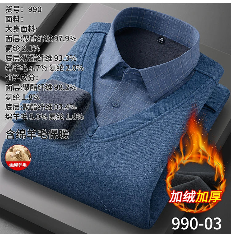 Men's long-sleeved shirt with wool, fleece, thickened, warm, casual, comfortable in winter, versatile and of high quality