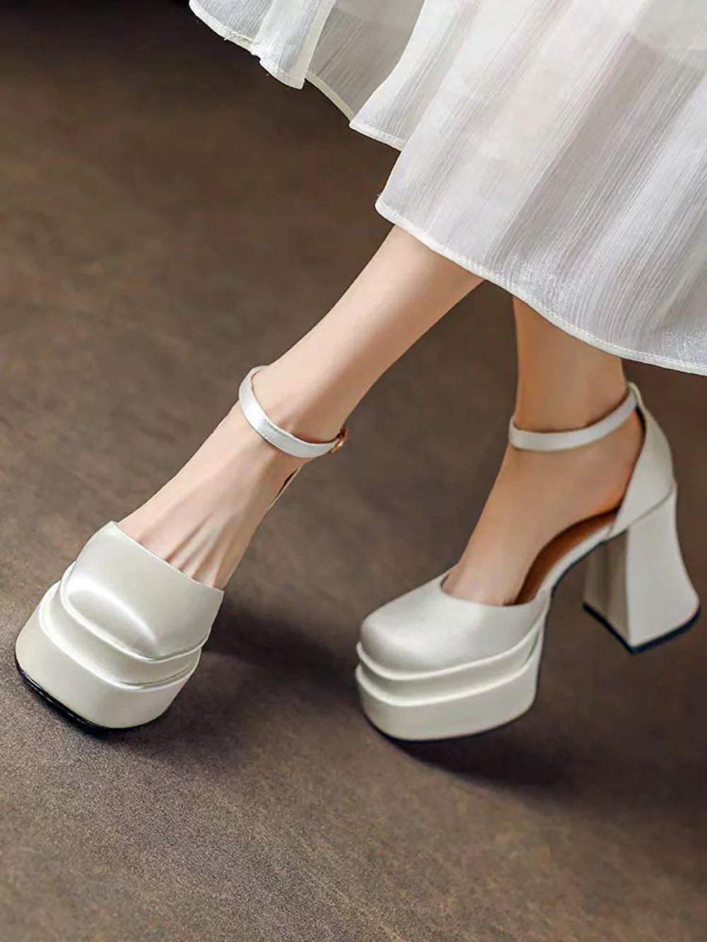 Women'S High Chunky Platform Closed Toe Block Heels Square Toe Ankle Strap Dress Wedding Party Prom Pumps Shoes