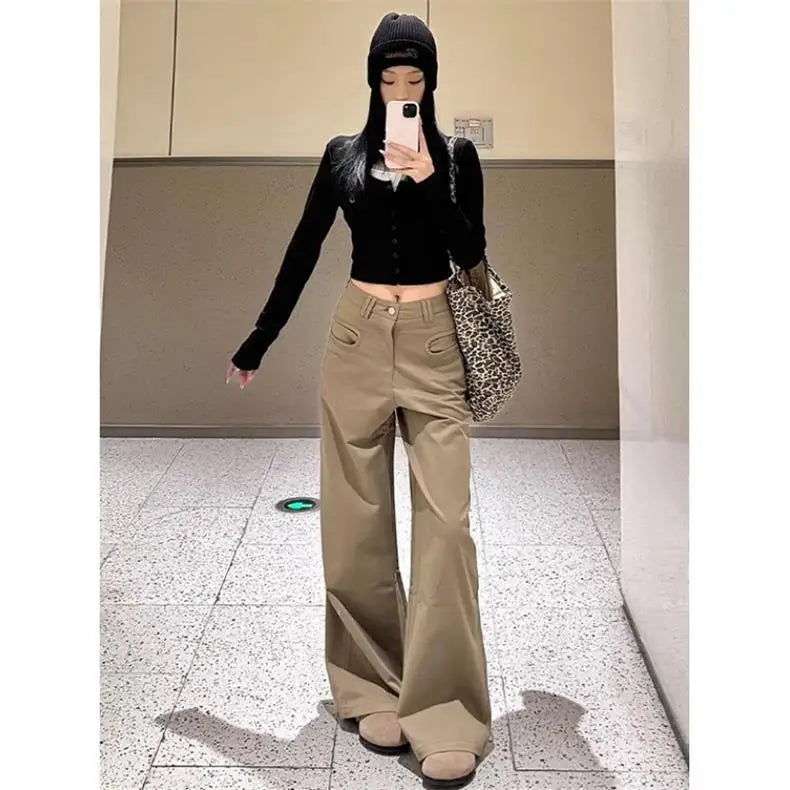 Petite Women's Melange Wide Leg Casual Pants 25 Fall Winter Slim High Waist Retro Floor Length