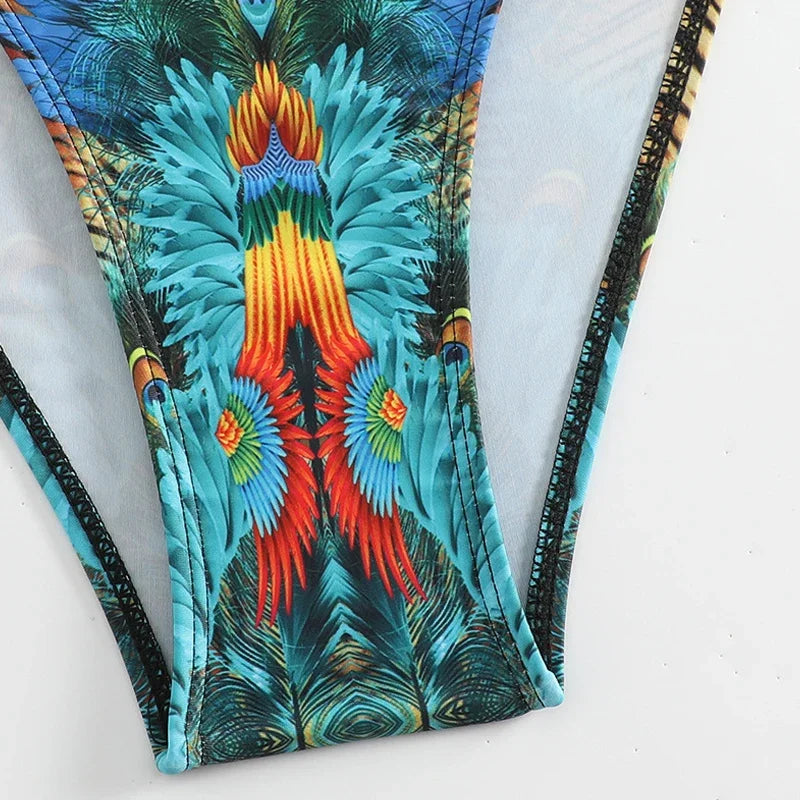 Green Peacock Print Bikini Set 2026 – Rhinestone Low Waist Thong Swimsuit