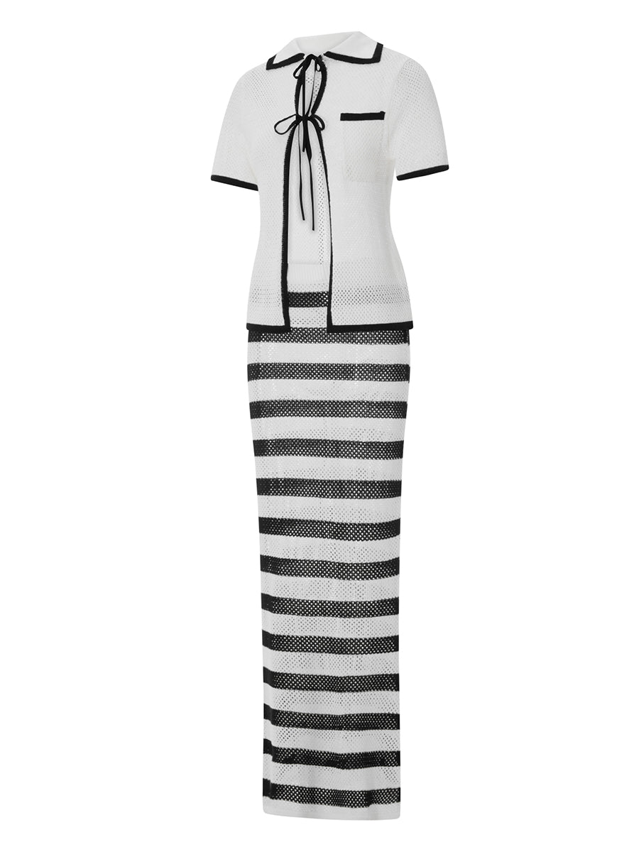 Women Crochet Cover Up Skirts Elastic High Waist Striped Contrast Color Knit Long Skirts Beachwear