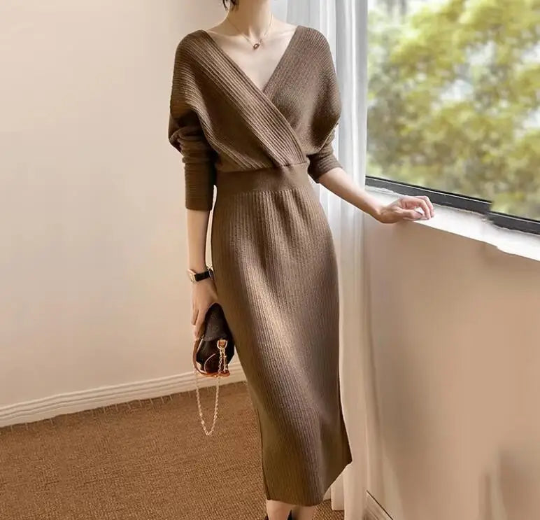 New Autumn/Winter Fashion Long Sleeve V-neck Knitted Solid Color Slim Fit Dress For Women,5 Colors