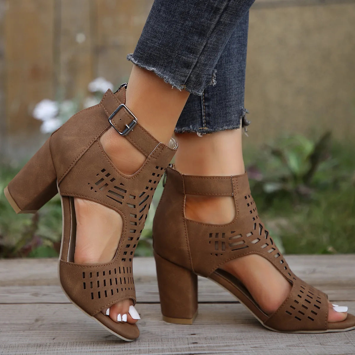 Women Fashion Strap Sexy High Heel Sandals Woman Roman Hollow Pumps Lace-up Peep Toe Sandals Casual Chunky High-heeled Sandals