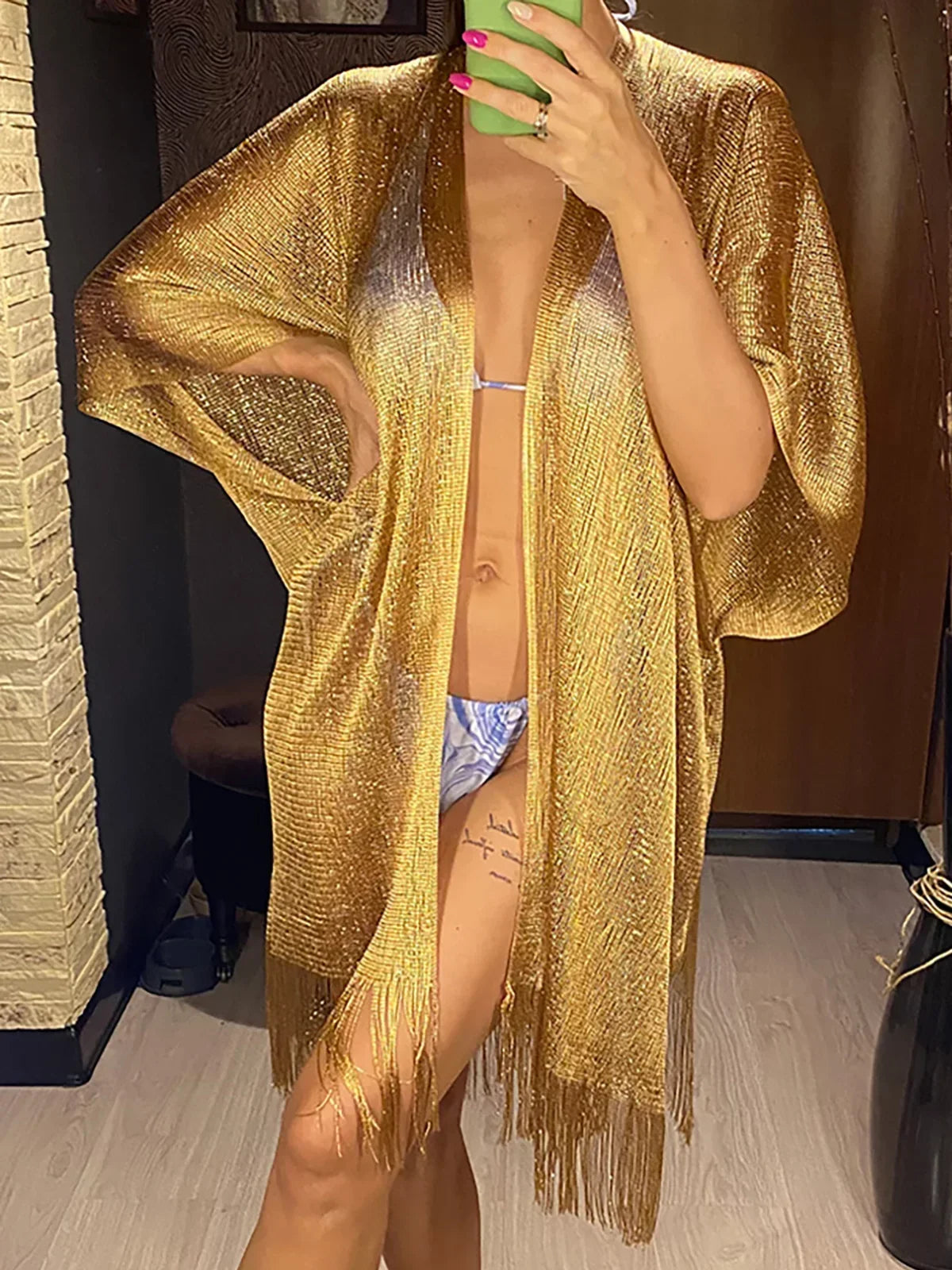 Solid Bikini Cover Up Tassel Beach Dress Tunics Swimsuit Bathing Suit Women Shining Cover Ups for Swimwear Women Pareo Plage