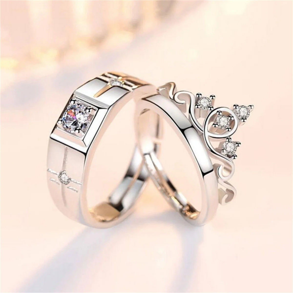 2Pcs/set Silver Plated Crown Square Couple Rings For Women Men Punk Forever Endless Love Wedding Ring Valentine's Day Jewelry